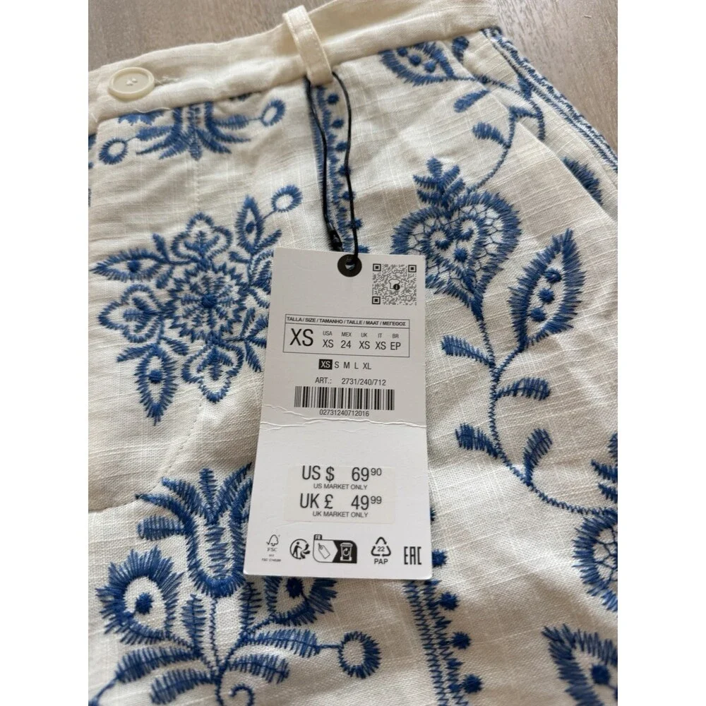 Zara NWT Embroidered Linen Blend Straight Leg Pants Ivory & Blue Pattern Size XS - Picture 3 of 9